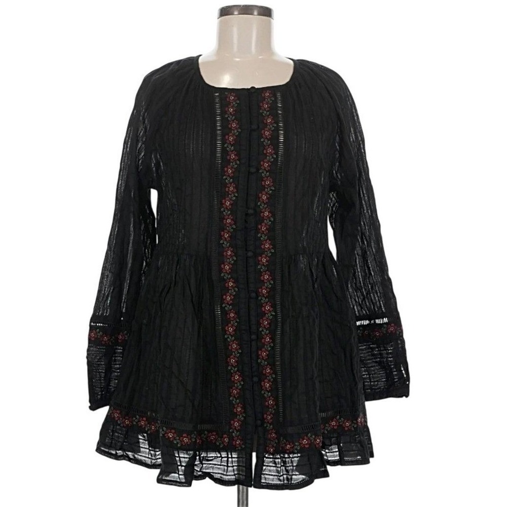 Gudrun Sjödén Tunic Top Women M Black‎ Embroidered sheer Boho Nome Whimsigoth